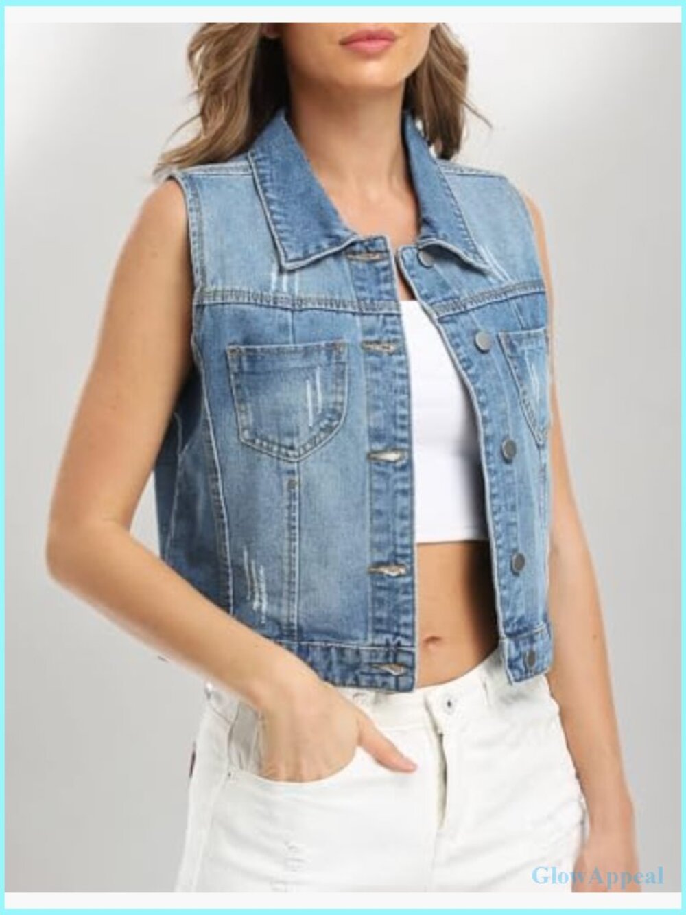 Cropped Distressed Denim Vest Spread Collar Sleeveless Jean Jacket - Picture 6 of 7